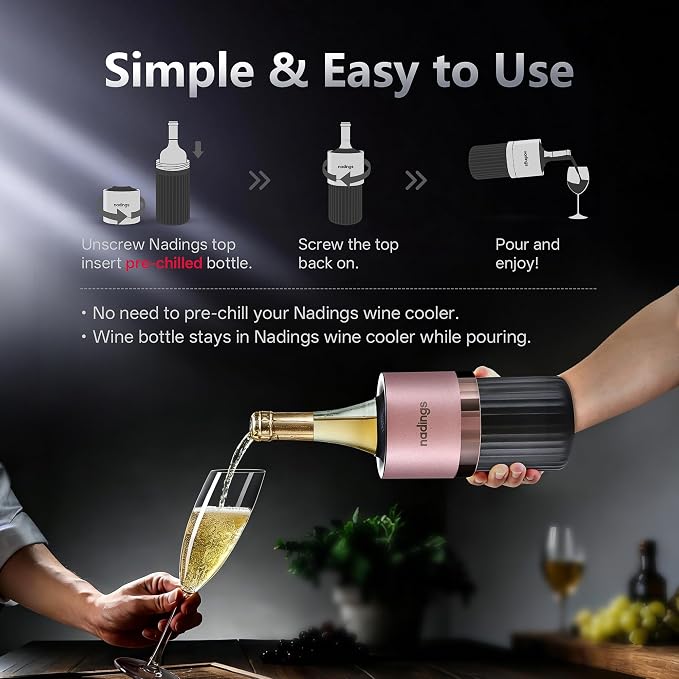 Iceless Wine Chiller, Keeps Cold 6+ Hours, Fits Most Wine Bottles | Vacuum Insulated, 18/8 Stainless Steel, Portable, Fits Most Standard 750ml Wine & Champagne Bottles, Rose Gold