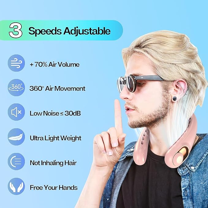 KIDEE Portable Neck Fan, 4000mAh Rechargeable, 360° Airflow, Hands Free Bladeless Wearable Fan, 2 Pack, Pink
