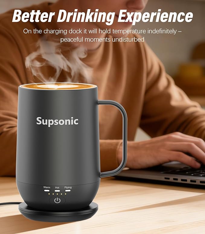 Supsonic - 16oz Self Heating Coffee Mug, Smart Heated Coffee Mug Faster Direct-Contact Heating Up to 149°F, Coffee Mug Warmer Set with Auto Shut-Off - Gifts for Men Women | S2