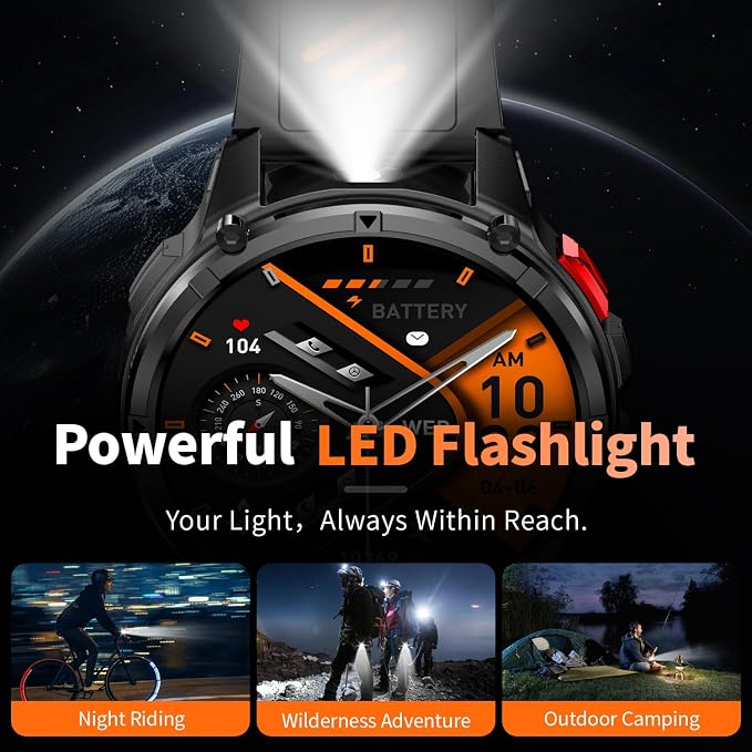 Military Smartwatch for Men with Compass & Flashlight, Rugged Smart Watch with Bluetooth Calling, Outdoor Fitness Tracker with Heart Rate Sleep Monitor, 100+ Sport Modes Waterproof for Android iPhone