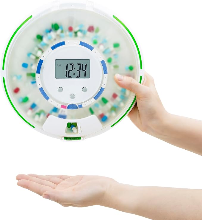 Automatic Pill Dispenser with Flashing Light, Sound, Alarm and Safety Lock, 28-Day Electronic Medication Organizer – Dispense Vitamins and Tablets Up 6 Times/Day – Easy Read Display (Frosted)