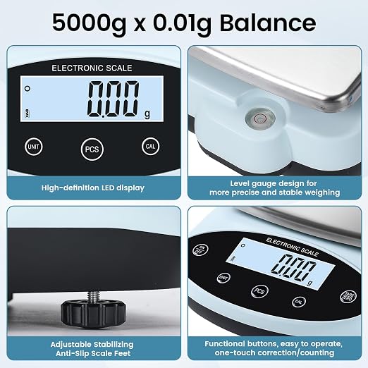 Analytical Balance 5000g x 0.01g Digital Gram Scale 0.01g Accuracy Precision Lab Scale 13 Unit High Precision Digital Scale for Laboratory, Jewelry Weighing