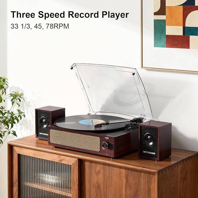 Record Player with External Bookshelf Speakers Belt-Drive Vintage Turntable for Vinyl Records Passive Dual Stereo Speakers LP Players 3 Speed Wireless AUX Headphone Auto Stop Retro Wooden Dark Red