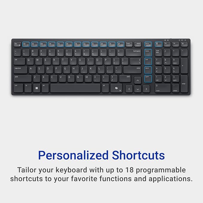 Dell KM555 Silent Keyboard and Mouse - 18 Programmable Shortcut Keys, Copilot Key, Secure Dual-Mode connectivity, Adjustable DPI, Ambidextrous, Low Battery LED Indicator, 3-Year Warranty - Black