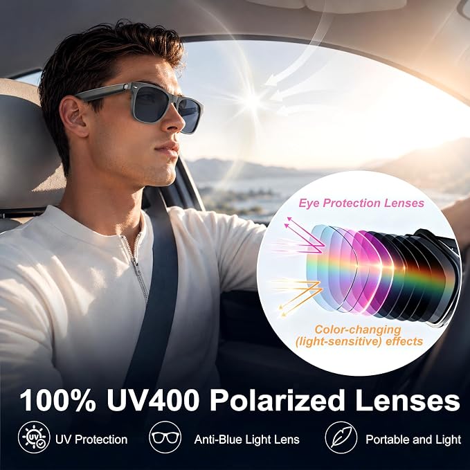AI Smart Glasses for Men & Women with ChatGPT, Bluetooth Glasses with 165 Languages Translation, Color-Change Lens, Meeting Analysis, Music Playback, Hands-Free Calls, UV & Blue Light Protection