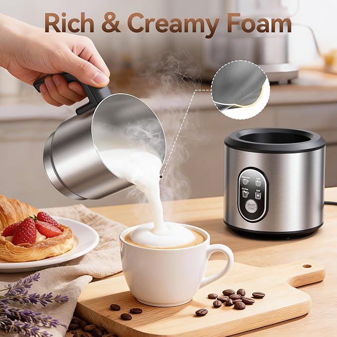 Milk Frother and Steamer, Electric Frother | 4-in-1 Automatic Hot and Cold Foam Maker , Detachable Stainless Steel Jug for Latte, Cappuccino, Macchiato, Hot Chocolate