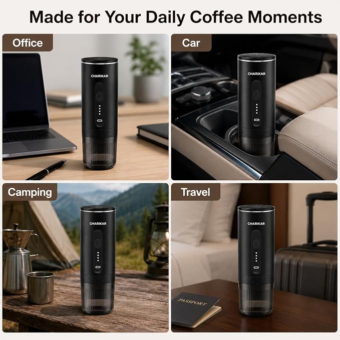 Portable Espresso Machine, Self-Heating Travel Coffee Maker, 20 Bar 7500mAh Rechargeable Espresso Maker for Ground Coffee & Capsules, Compact Cordless Brewer for Camping, Car, Office & RV