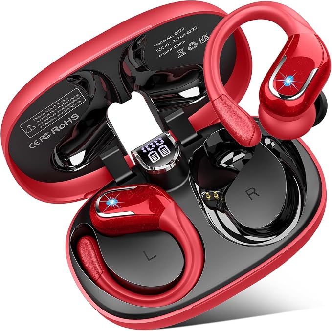 Ltinist Wireless Earbuds, 75hrs Bluetooth 5.4 Headphone Sport, Bluetooth Earbuds Deep Bass Over Ear Buds with Earhooks, ENC Noise Cancelling Earphone Mic, IP7 Waterproof for Workout/Running/Gym Red