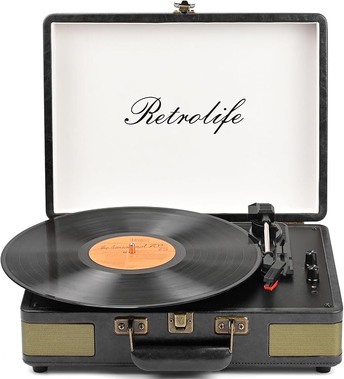 Retrolife Record Player 3 Speed Bluetooth Portable Suitcase Vinyl Player with Built-in Speakers Turntable Enhanced Audio Sound PU Leather Vintage