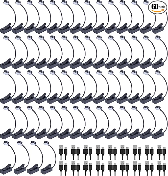 KunHe 60 Pack Rechargeable Book Light Bulk Clip-On Reading Lights for Books in Bed Long-Lasting 3 Modes & 3 Brightness Levels Compact USB Charging Mini Booklights for Kids Book Lovers Bulk Gifts