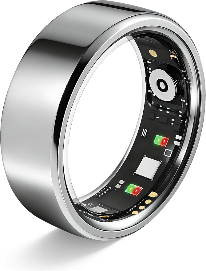 Smart Ring for Women Men Fitness Tracker Heart Rate Sleep Trends 128 Sports Modes Gesture Control Cycle Tracking IP68 Waterproof No Subscription Compatible with iPhone Android (Silver, Size 7)