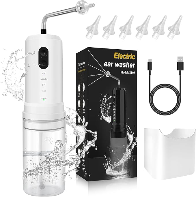 Ear Wax Removal, Electric Ear Irrigation Flushing System, Water Powered Ear Cleaner with 4 Pressure Modes, 6 Reusable Replacement Tips, Safe and Effective Ear Cleaning Tool for Adults (White)