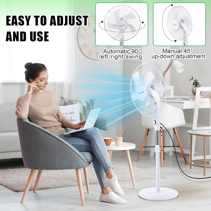 Blosssound 16 Inch Portable Solar Floor Fan Rechargeable Oscillating Standing Pedestal Fan with Solar Panel, 12000mah Battery, Two Charging Methods, 3 Speeds for Home Office Outdoor(White)