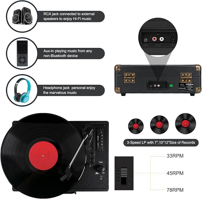 Vinyl Record Player with Bluetooth and Built-in Speakers, 3-Speed Portable Turntable for Vinyl Records, Retro Suitcase Design, USB Recording, Includes Extra Stylus, Ideal for Beginners(Black)-Vinilos