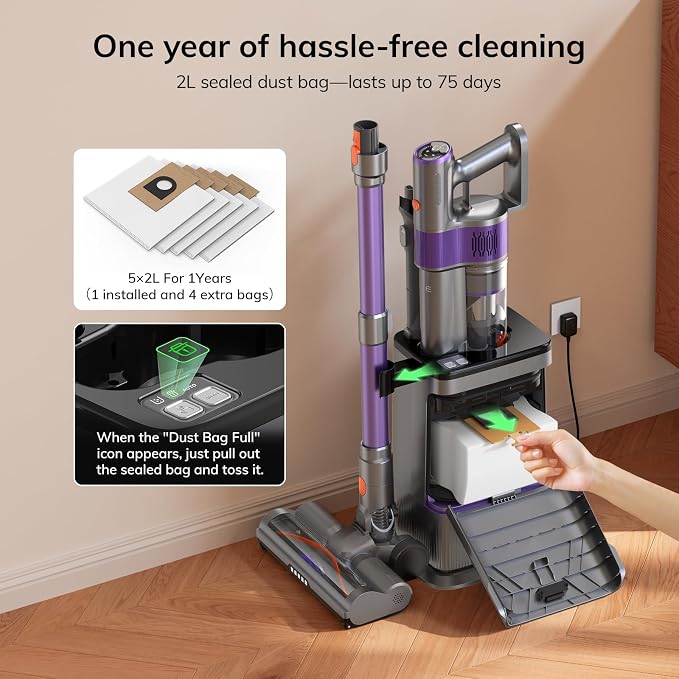 ILIFE Cordless Stick Vacuum Cleaner with Auto-Empty System for Pet Hair | Lightweight | Green LED | 5×2L Dust Bags | 2-in-1 Brush | 3-in-1 Dock | HEPA | Self-Emptying for Home/Hard Floors/Carpets