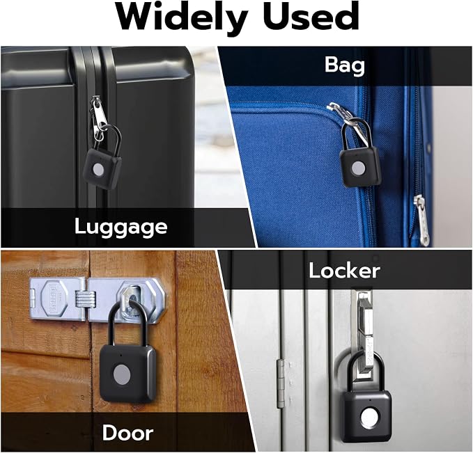 eLinkSmart Fingerprint Padlock for Gym Locker - Keyless Smart Lock with App & Bluetooth, Biometric Padlock for School Locker, Backpack, Suitcase, Luggage, Cabinet, Indoor Use (Black)