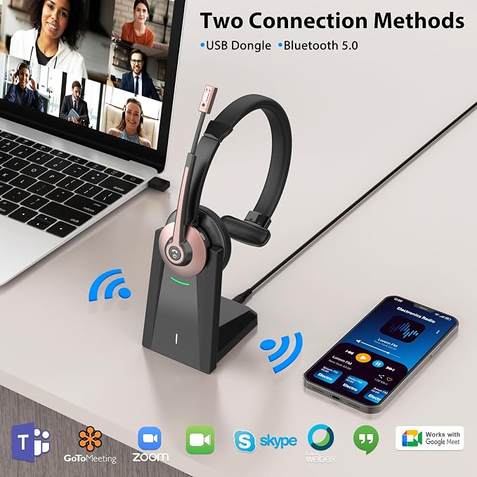 Wiressless Headset with Mic for Work, Bluetooth Headset with Noise Cancelling Microphone, On Ear Wireless Headphones with USB Dongle & Charging Base & Mute Function for Work from Home Computer Office
