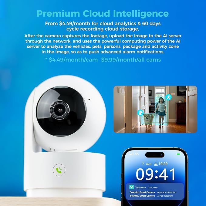 Vicohome 2K Indoor Security Camera, Plug-in, AI Tracking, 24/7 Recording, Pet/Baby Monitor, 360° View Pan/Tilt, Two Way Audio, Night Vision, Easy to Setup, Wi-Fi, Audible Alarm,180 Days Care Plan