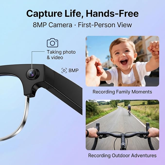 AI Smart Camera Glasses, 1080P HD POV Video Recording and Translator, Object Recognition, Bluetooth Audio for Music Calls, 290mAh Battery, Photochromic Lenses for Vlog, Travel and Work