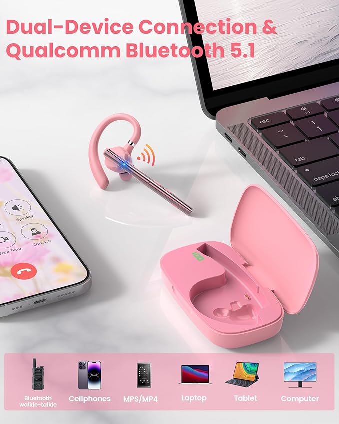 New Bee Bluetooth Headset V5.1 72H Talk Time Dual Mic with Mute Button for Business, Wireless Hand-Free Bluetooth Earpiece with 500mAh Charging Case for Cell Phone Calls Trucker Driver Laptop
