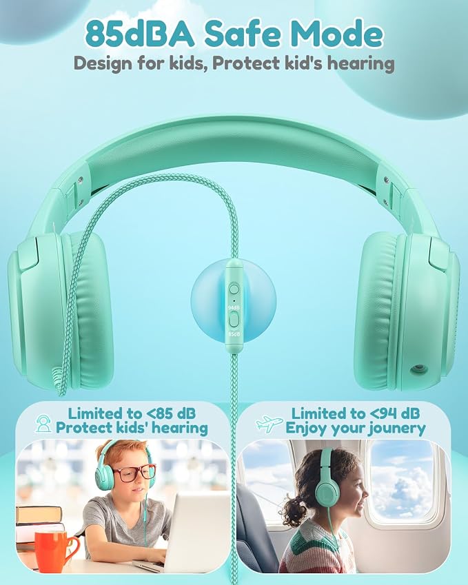 awatrue Kids Headphones for School Travel, 85/94dB Safe Volume Limit, 3.5mm Jack, HD Mic, Portable Wired Headphone with Shareport, Stereo Sound On-Ear Headphones for Toddler Kids Girls Boys Green
