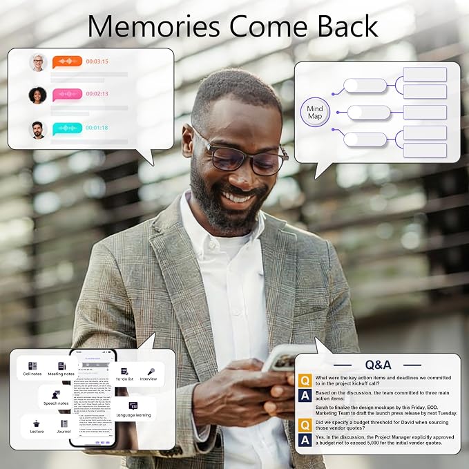 AI Smart Voice Recorder, 64GB 1000+ Hours Audio Recorder with Fast AI Transcription, Summaries, Mind Map, Q&A, Data Safe, Ultra-Thin, Magnetic Case, for Meetings, Calls, Lectures, Matte Grey
