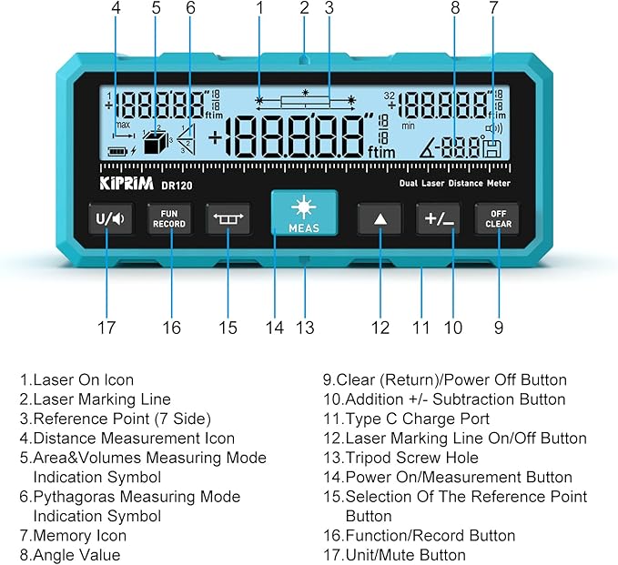 Kiprim DR120 Dual Laser Distance Meter with Bidirectional Laser Emission, Vertical Laser Marking Line, and Electronic Level, Measures in Meters, Feet, and Inches, 393ft/120m Range Rangefinder