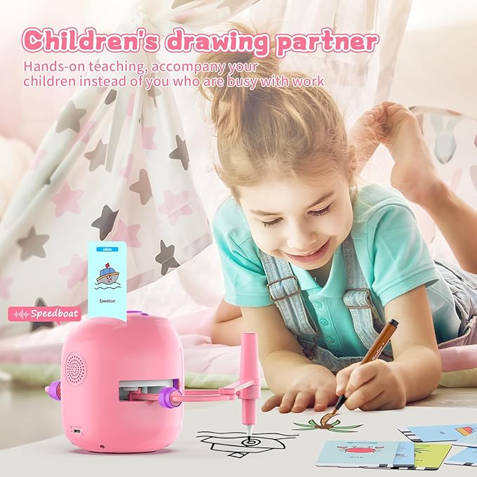 CYJBE Interactive Educational Drawing Robot for Kids - Montessori Learning Toy with 150 Word Cards, Voice Interaction, Ages 5+ (Pink)