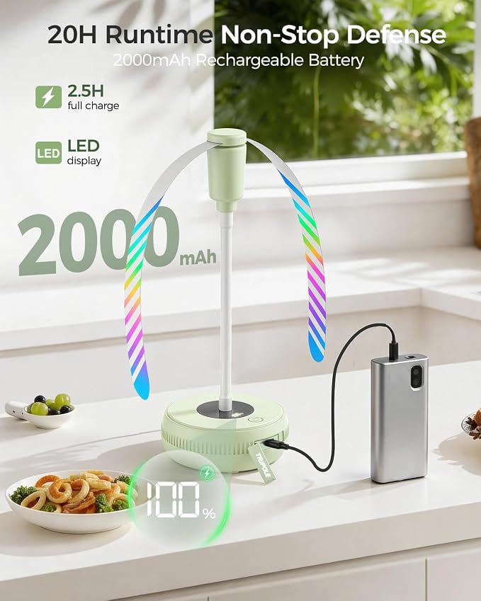TriPole Fly Fans for Tables, Food Fans 2000mAh Rechargeable Table Fan Portable Fly Spinners with LED Display, 20H Runtime for Outdoor Picnic, BBQ Patio Parties, Camping, Kitchen, 4 Pack (Light Green)