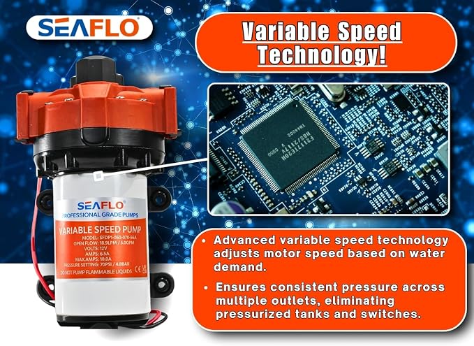 SEAFLO 56A Series Variable Speed Smart Water Pressure Pump – 24V DC, 5.0 GPM, 70 PSI, Self-Priming, Constant Pressure, For Rv/Yacht/Boat/Camper, NSF, CE & Rohs Certified, UL Listed, 4-Year Warranty