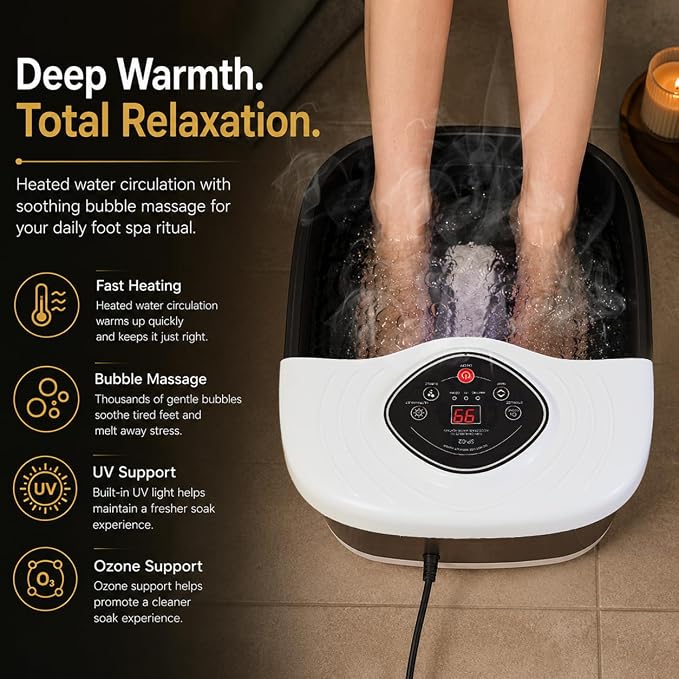 Foot Spa Bath Massager with Heat, UV Ozone & Oxygen Bubbles, Shiatsu Rollers Epsom Salt Temperature Control, Relieves Stress and Feet Pain - Home Pedicure Soaking Tub Gift for Women/Men