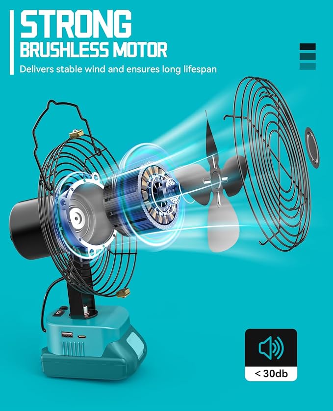 Ecarke Portable Cordless Fan Compatible with Makita 18V (Tool Only) 7 inch Cordless Battery Powered Fan Jobsite Fans With USB A+C Charging for Camping Workshop & Construction Site
