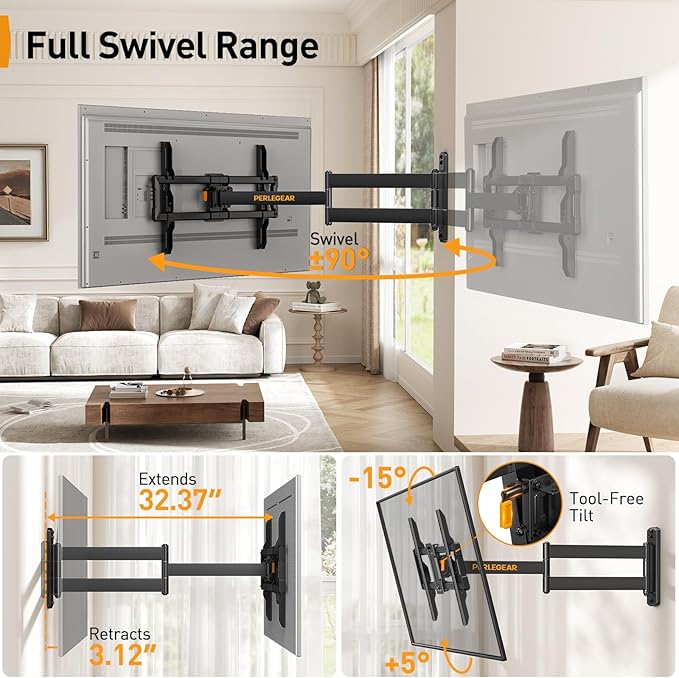 Perlegear Corner TV Wall Mount Long Arm TV Mount Bracket for 37-75 Inch TVs-Full Motion Wall Mount with 32.37” Extension & Swivel Articulating Arm & Tilt, MAX VESA 600x400mm, Holds up to 100 lbs