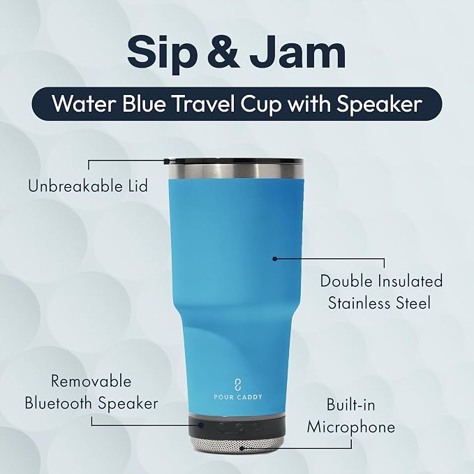 Vibe 28 oz Tumbler with Bluetooth Speaker, Insulated Stainless Steel Travel Cup with Lid, Hot & Cold Drink Beverage Container, Removable Speaker with Microphone, Rubber Base, Water Blue