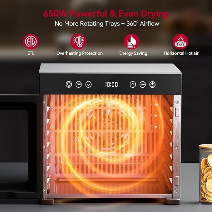 Food Dehydrator 650W, 8 Stainless Steel Tray Dehydrating Machine with Digital Timer & Temp Control (95℉-167℉), Quiet Powerful Jerky Dryer for Beef, Fruits, Herbs, Dog Treats, Veggies