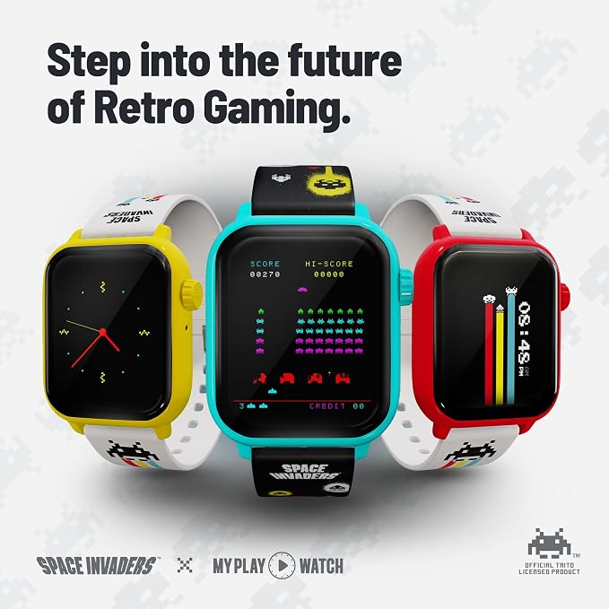 Space Invaders Retro Gaming Smart Watch, Selective Tech, Red Bezel, Non-Connected, Built-in Space Invaders™ Game, Custom Watch Faces, Classic Arcade Sound, IP67 Rating