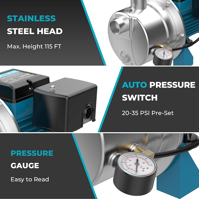 3/4HP Shallow Well Pump, 1100GPH Stainless Steel Sprinkler Booster Pump, Well Depth Up to 25FT, Automatic Pressure Switch, Water Transfer Draining Irrigation Pump Max. Head 115FT for Lawn