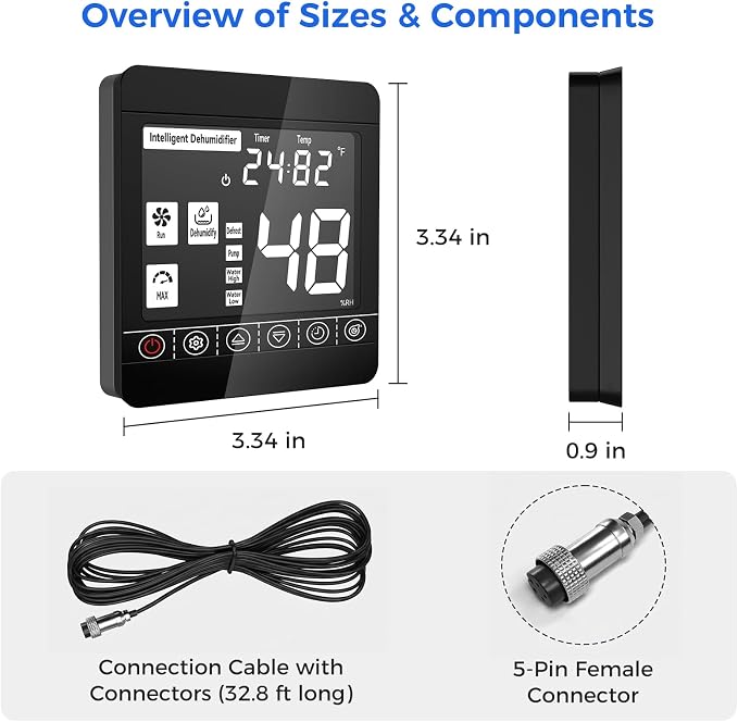 Aiusevo Crawl Space Dehumidifier Remote Controller fits models AS600,AS610, 32.8ft Cable, Digital Humidity, Temperature, Timer, Adapt Humidity Level for Basement Commercial Dehumidifier
