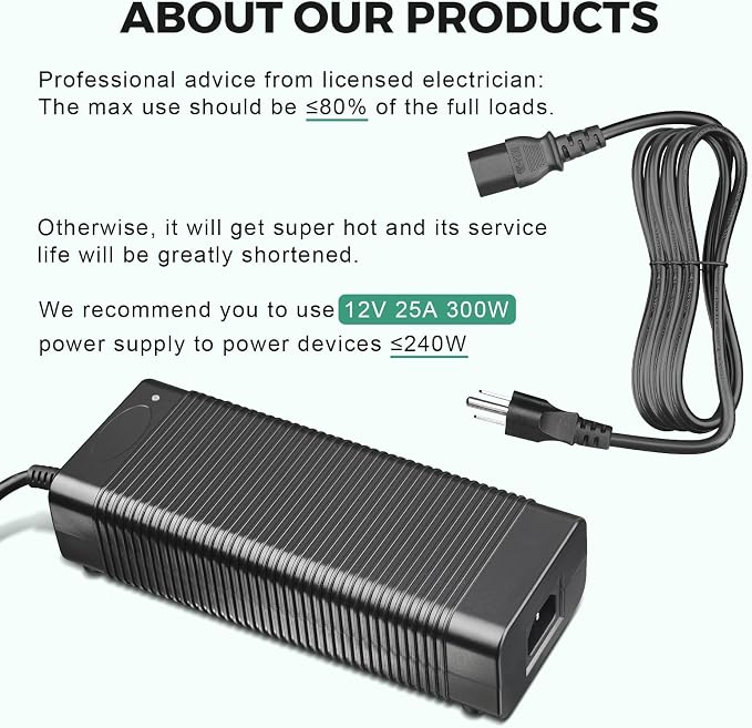 COOLM 12V 25A Power Supply Adapter 300W AC Converter 100-240V to DC 12 Volt 25Amp 25 Amp Transformer 20A 22A 23A 24A for LED Strip Light LED Driver CCTV Security System