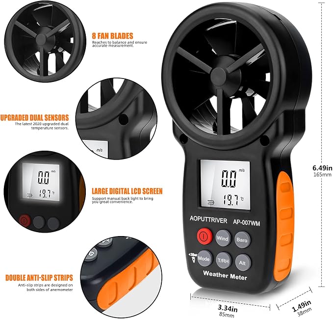 Digital Anemometer Barometer Pressure Gauge for Wind Speed Temperature/Humidity/Dew Point/Wind Chill/Altimeter Barometer with Backlight MAX MIN AVG AP-007WM