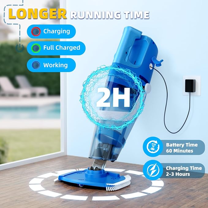 Cordless Pool Vacuum Above & Inground Pools, Powerful 1590 GPH Suction,Handheld Telescopic Pole up to 85.45", 1H Runtime, 2L Debris Bin, Rechargeable Pool Cleaner for Spas & Hot Tubs