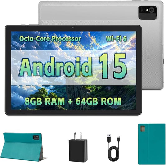 10 inch Tablet - Android 15 Tablet for Adults - Google Tablet Computer with HD IPS Touch Display, Octa-Core, 8GB RAM 64GB ROM, 512GB Expand, Wi-Fi 6 (2.4G + 5G), Dual Camera, 5000mAh Battery - Silver