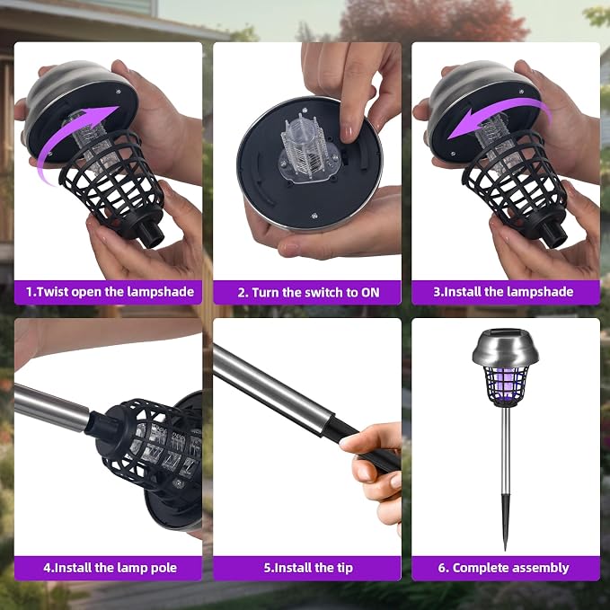 Solar Bug Zapper Outdoor Waterproof Solar Powered Mosquito Repellent Outdoor Patio,Cordless & Auto On/Off Trap Purple & White Light for Gnat Fly Insect Zapper for Garden Backyard for Outside,4 Pack