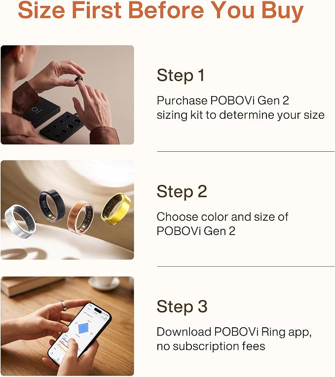 POBOVi Gen 2 Titanium Smart Ring for Women & Men, Sleep & Heart Rate Tracker, No Subscription, Size Before You Buy (Polished Gold, Size 9)