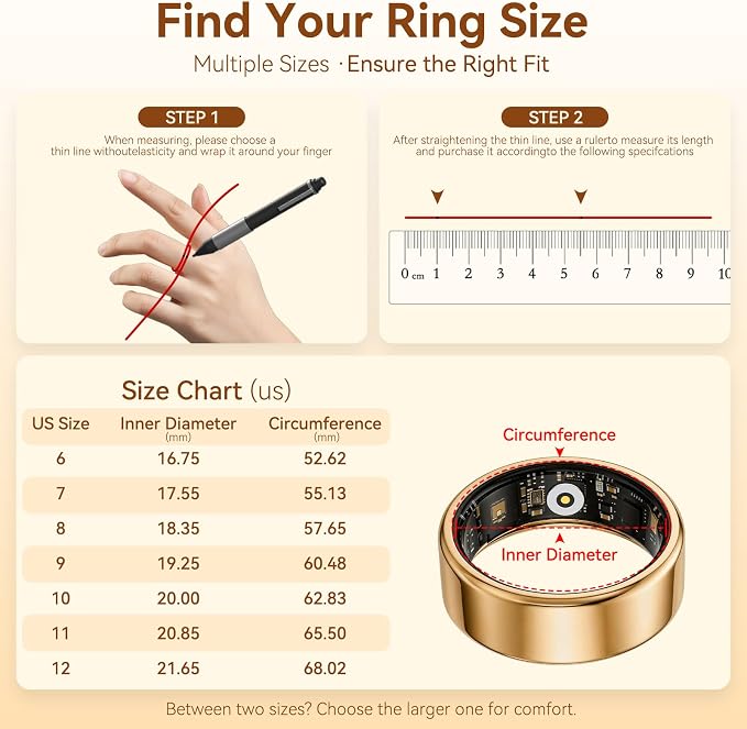 Smart Health Fitness Ring for Women & Men, Activity Tracker with Step Counter, Sleep Monitor & Stress Tracking, Waterproof, Compatible with Android & iOS, No Subscription Fee