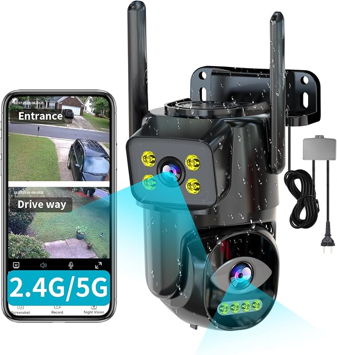 LETSCEE Dual Lens WiFi Security Camera Outdoor, 2.4G/5G PTZ Outdoor Plug-in Camera Auto Tracking,Home Security Surveillance System,WiFi,Night Vision,7/24 Recording