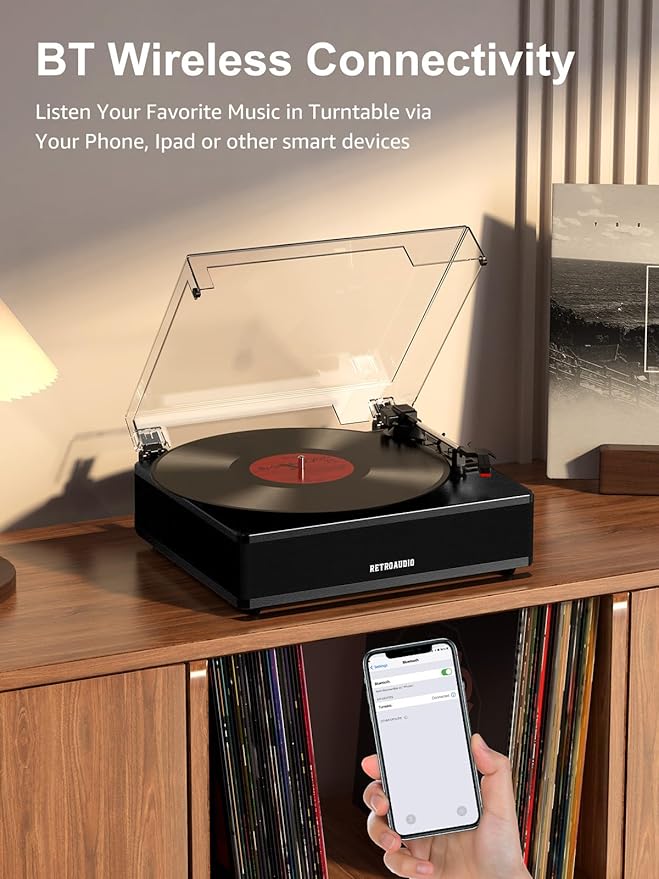 Vinyl Record Player with Built-in Speakers 3-Speed Support 33 1/3, 45, 78RPM Vintage Record Player Bluetooth Input Support RCA Output, Black
