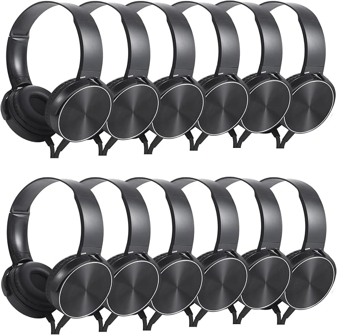 Bulk Headphones 12 Pack for School Classroom Kids, Wholesale Wired Durable Earphones Class Set for Students Children Toddler Teens Boys Girls and Adult (HY450, 12 Black)