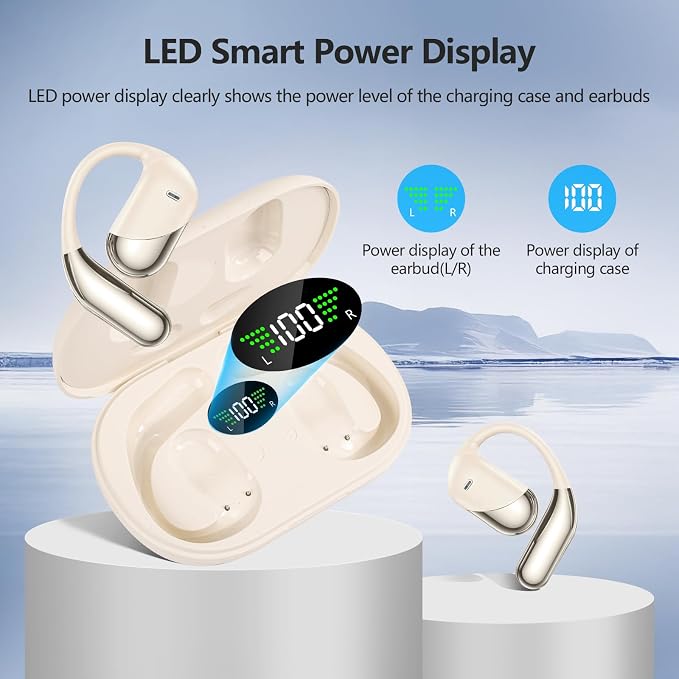 Open Ear Clip Wireless Earbuds Headphones, Bluetooth 5.4, Open Ear Design, Built-in Mic, IPX7 Waterproof, LED Display Charging Case,Ear Hooks Ear Buds Ultra for Fitness/Travel/Gym/Running/workout