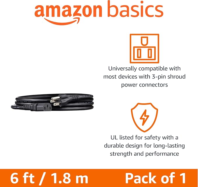 Amazon Basics PC Power Cable, 6 feet, AC Power Cord for Monitor, Computer, TV, 3 Prong, 18 AWG, 125 Volts, NEMA 5-15P to IEC320C13, UL Listed, Black (Pack of 2)
